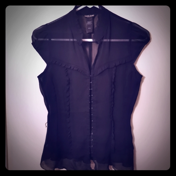 GUESS black short sleeved blouse see-through S - Picture 1 of 9